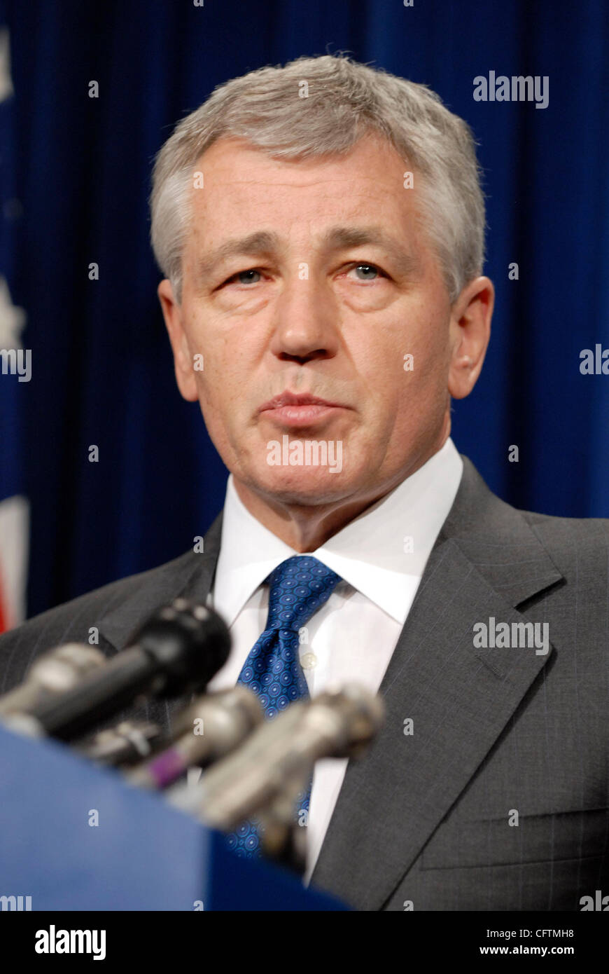 Jan 17, 2007; Washington, DC, USA; Senator CHUCK HAGEL (R-NE) announce a resolution stating opposition to President George W. Bush's escalation of US troops in the Iraq War. The resolution was co-authored by all three Senators.  Mandatory Credit: Photo by Mark Murrmann/ZUMA Press. (©) Copyright 2007 Stock Photo