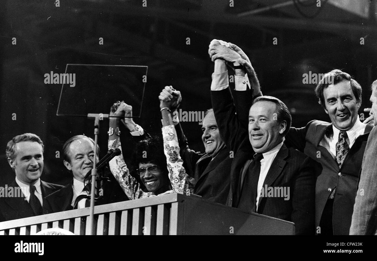 (left to right) Thomas Eagleton, Hubert Humphrey, Shirley Chisholm, presidential nominee George McGovern, Henry Jackson, and Edmund Muskie are shown at the 1972 Democratic National Convention in Miami, Florida. Minneapolis Tribune (now Star Tribune) photo by Earl Seubert. Stock Photo