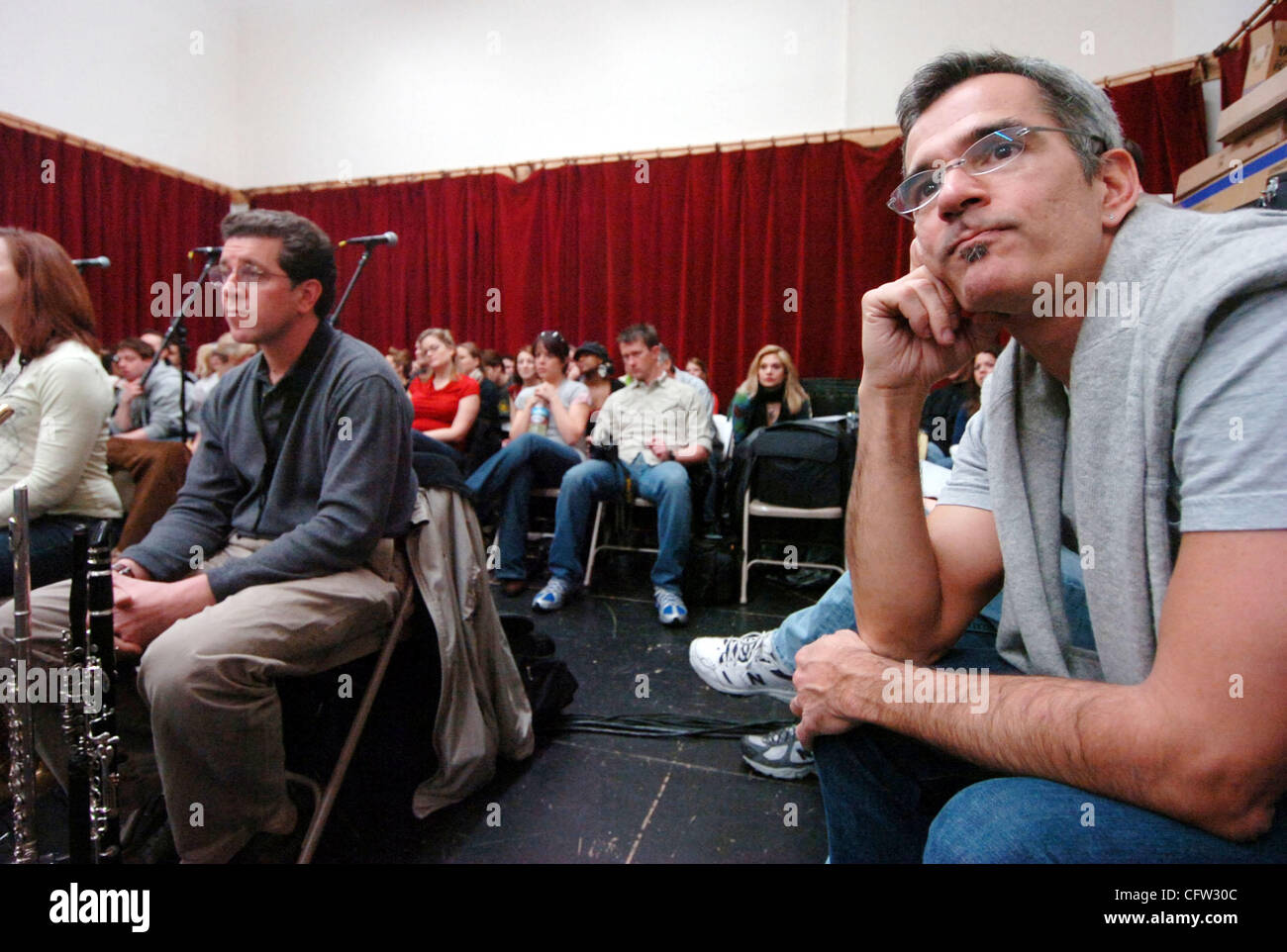 Jerry Mitchell, director/choreographer of the stage version of Legally Blonde sits pensively moments before the cast's first live rehearsal with the orchestar at a Sitzprobe, January 18, 2007 at a rehearsal hall on Market Street in San Francisco. (Karl Mondon/Contra Costa Times) Stock Photo