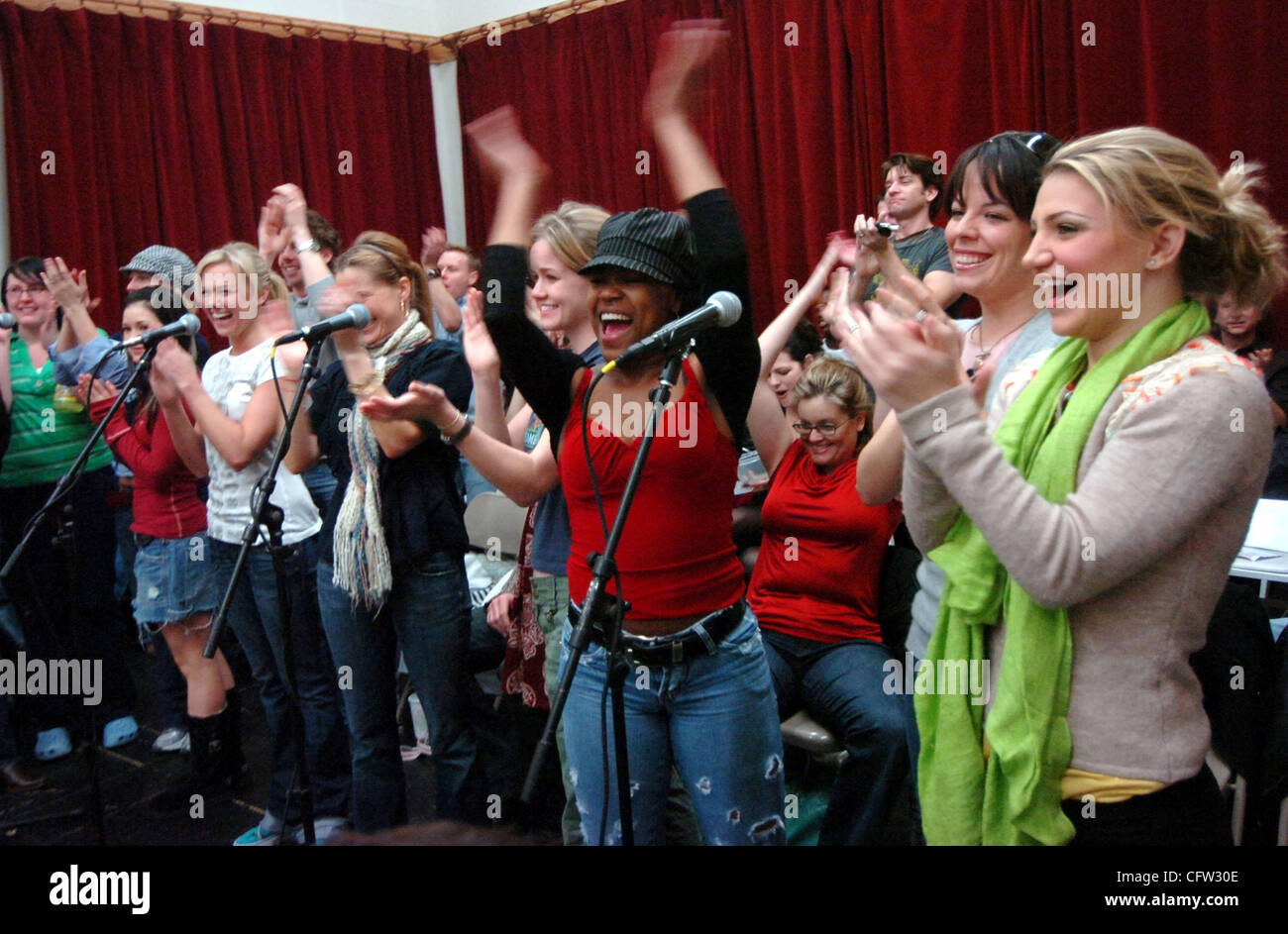 Cast members cheer after singing for the first time with the orchestra, the opening number of Legally Blonde the Musical January 18, 2007 at a rehearsal hall on Market Street in San Francisco January 18, 2007. (Karl Mondon/Contra Costa Times) Stock Photo