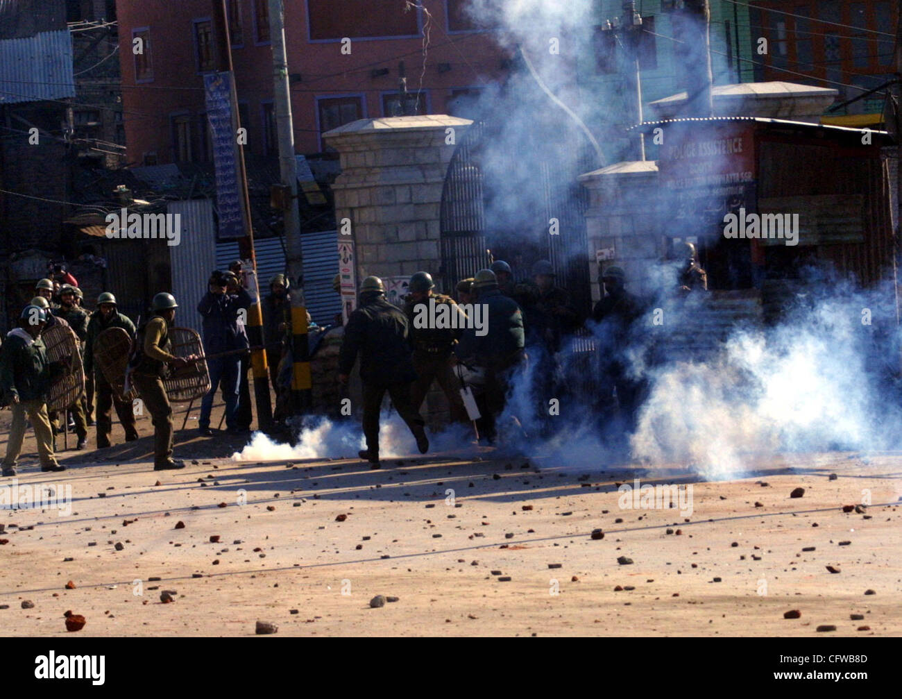 A Tear gas shell smoke explodes after been thrown back by kashmiri protestors  in Srinagar, February 16, 2007. Police fired teargas in Indian Kashmir 's main city on Friday to disperse hundreds of people protesting against Israeli excavations near Islam's third holiest shrine in Jerusalem, police an Stock Photo