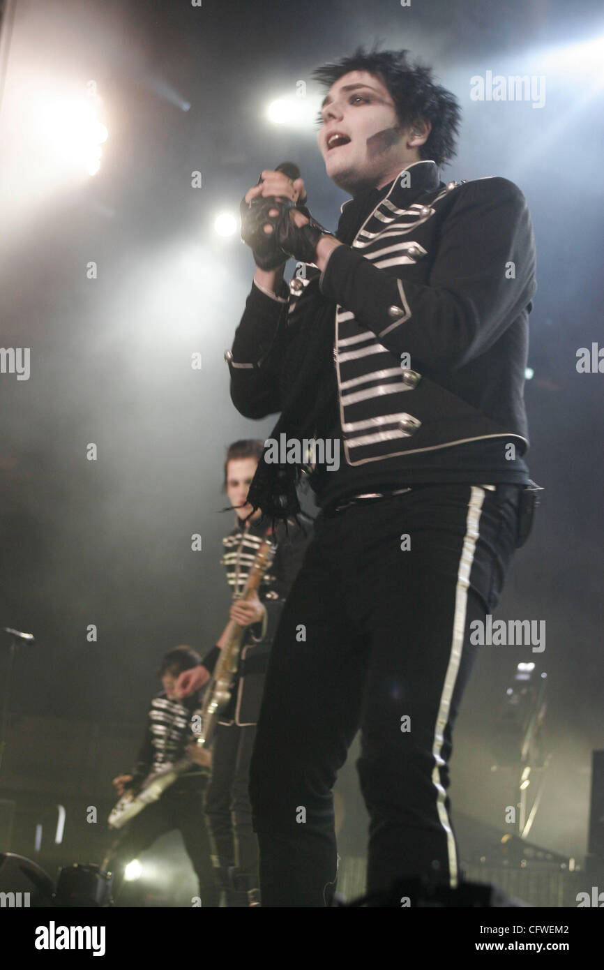 My Chemical Romance performing at Nassau Coliseum on February 23, 2007 Gerard Way (lead vocals), Mikey Way (bass), Bob Bryar (drums), Frank Iero (rhythm guitar) and Ray Toro (lead guitar). Stock Photo