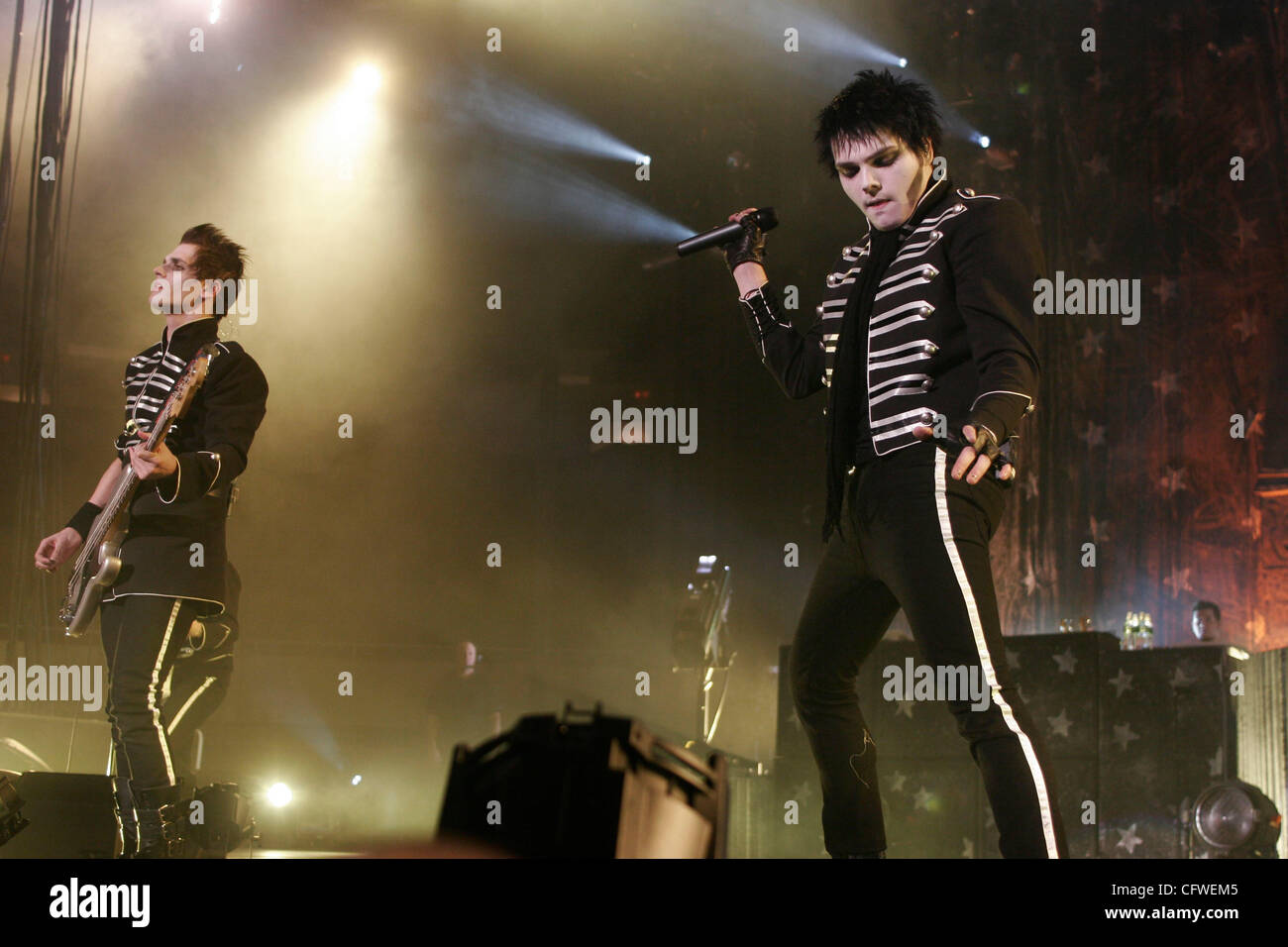 My Chemical Romance performing at Nassau Coliseum on February 23, 2007 Gerard Way (lead vocals), Mikey Way (bass), Bob Bryar (drums), Frank Iero (rhythm guitar) and Ray Toro (lead guitar). Stock Photo