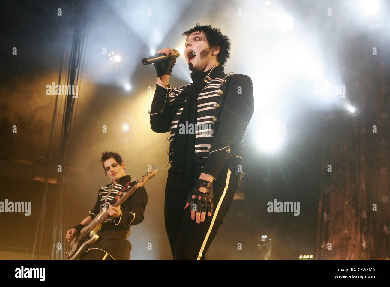 My Chemical Romance performing at Nassau Coliseum on February 23, 2007 Gerard Way (lead vocals), Mikey Way (bass), Bob Bryar (drums), Frank Iero (rhythm guitar) and Ray Toro (lead guitar). Stock Photo