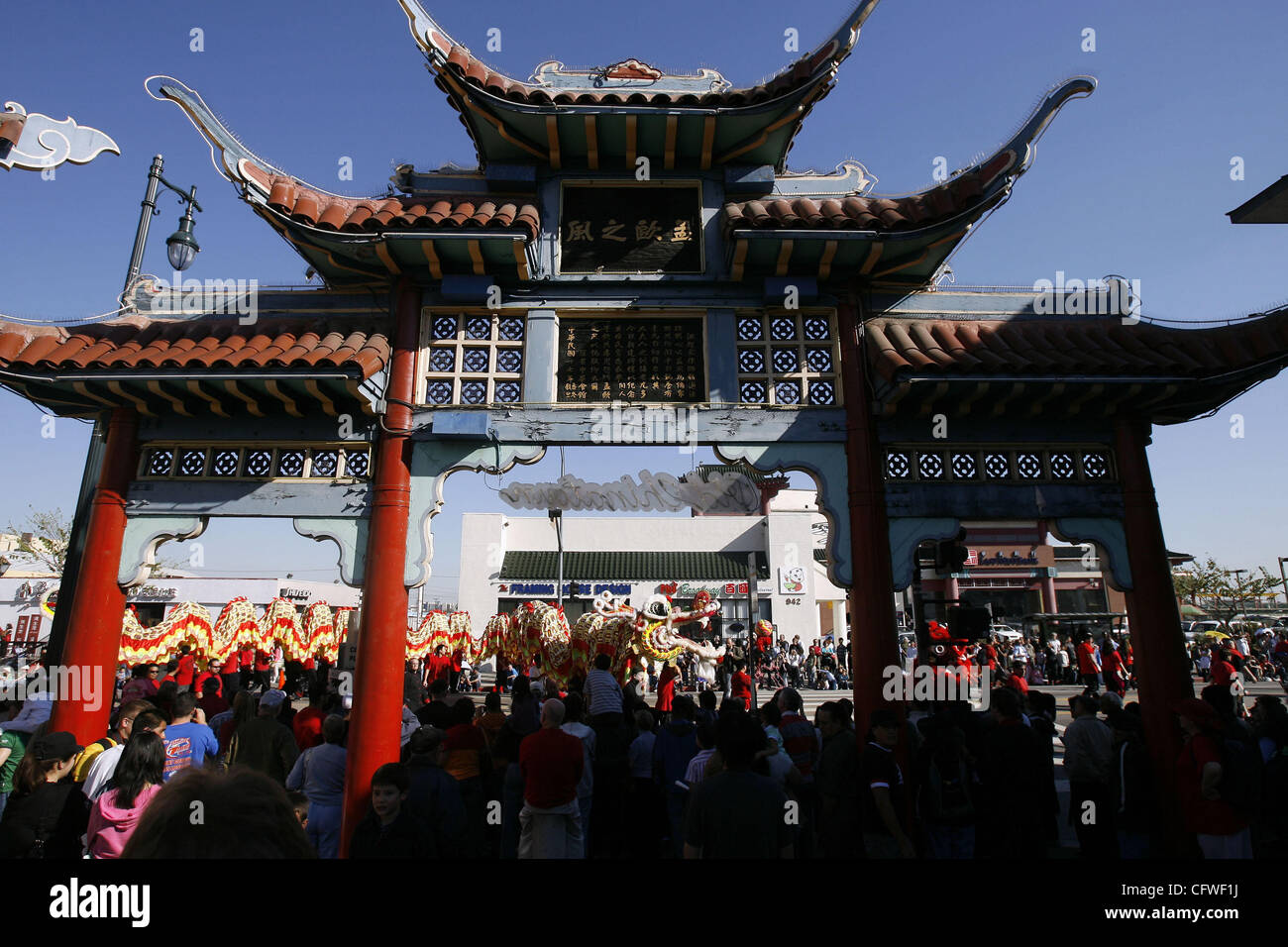 The Chinese New Year "Golden Dragon Parade," in the streets of Chinatown in Los Angeles. (Photo by Ringo H.W. Chiu) Stock Photo