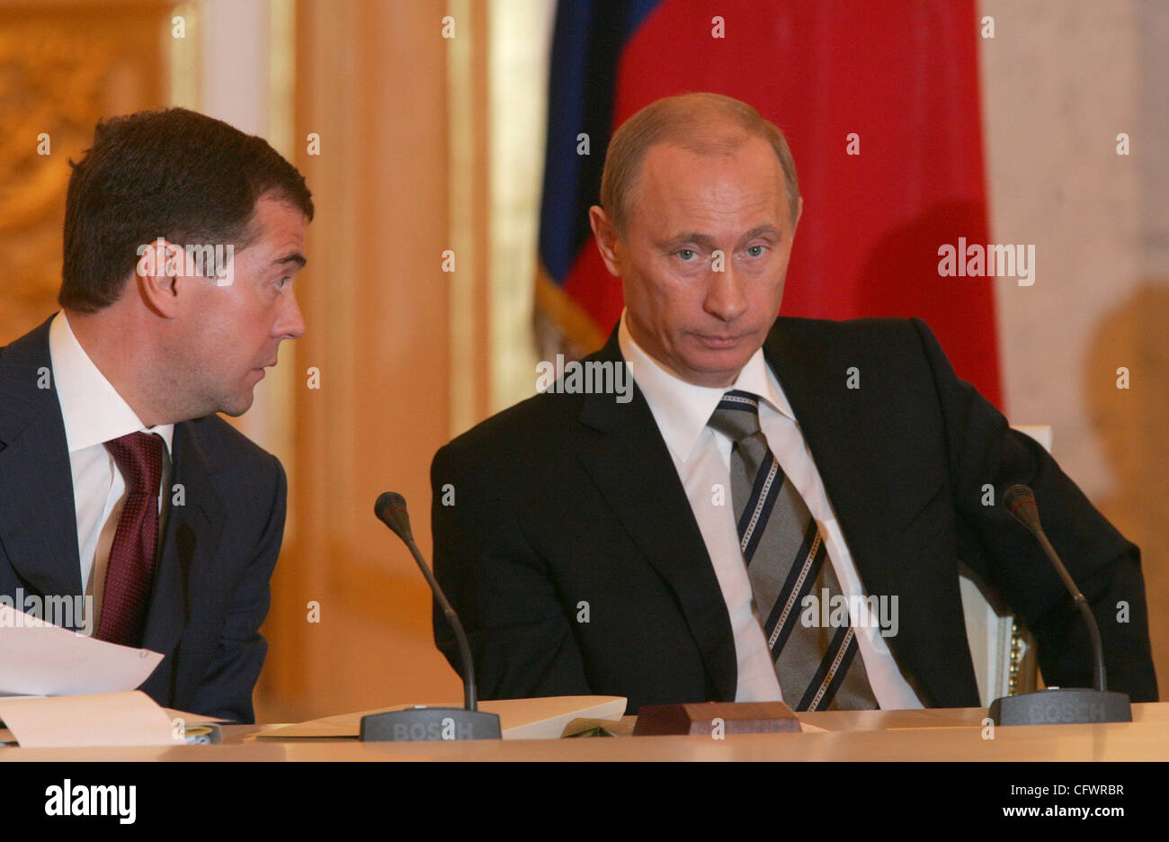Russian President Vladimir Putin and first vice premier of russian goverment Dmitri Medevedev(l
