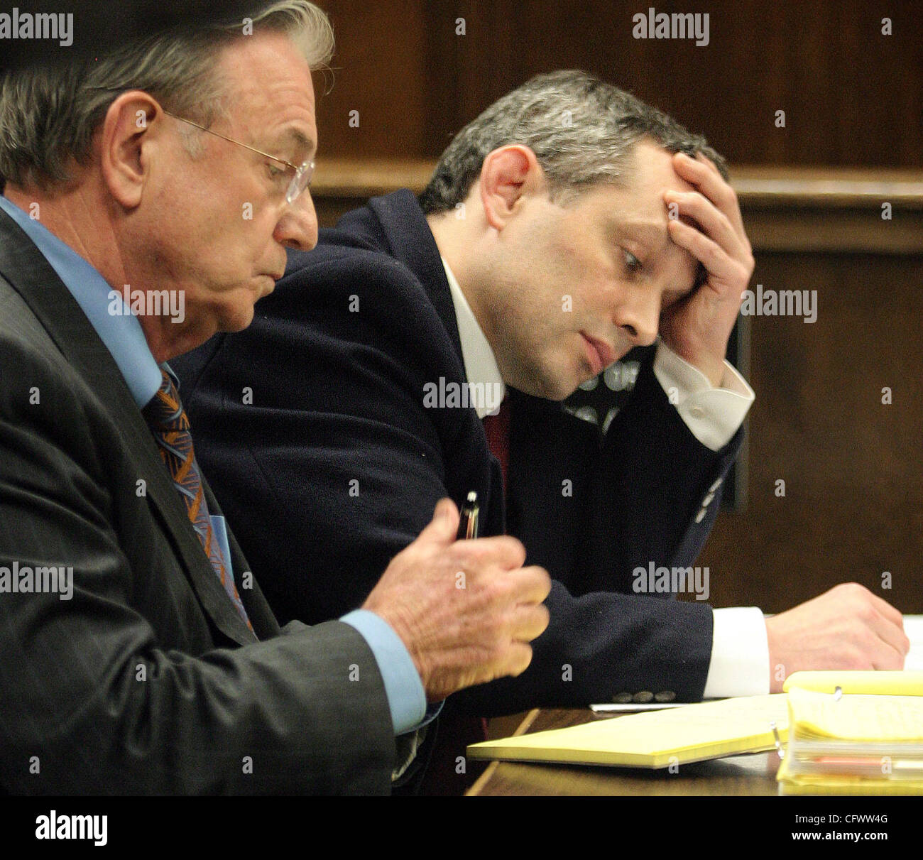 Mar 09, 2007 - Oakland, CA, USA - HANS REISER and his attorney, WILLIAM DUBOIS , listens while the prosecuter. Greg Dolge, gives his final statement at the hearing to determine if there is enough evidence for a murder trial against Hans Reiser in the murder of his ex-wife, Nin Reiser. (Credit Image: Stock Photo