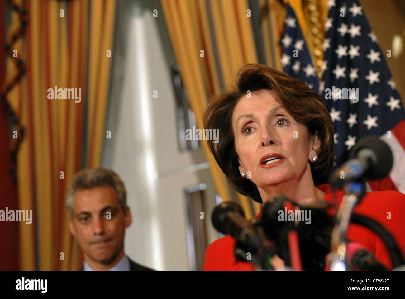 Mar 13, 2007 - Washington, DC, USA - Speaker of the House NANCY PELOSI (D-CA) and the Democratic House leadership team, including RAHM EMANUEL (D-IL), behind Pelosi, meets with reporters to discuss new and upcoming 'accountability legislation,' which House Democrats tout as exercising Congress' chec Stock Photo