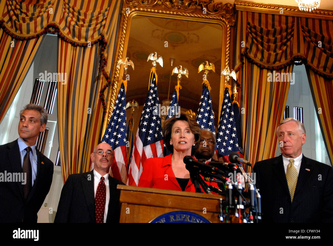 Mar 13, 2007 - Washington, DC, USA - Speaker of the House NANCY PELOSI (D-CA) speaks with reporters about new and upcoming 'accountability legislation,' which House Democrats tout as exercising Congress' check on the expansion of the Executive branch of government. Pelosi appeared with members of th Stock Photo