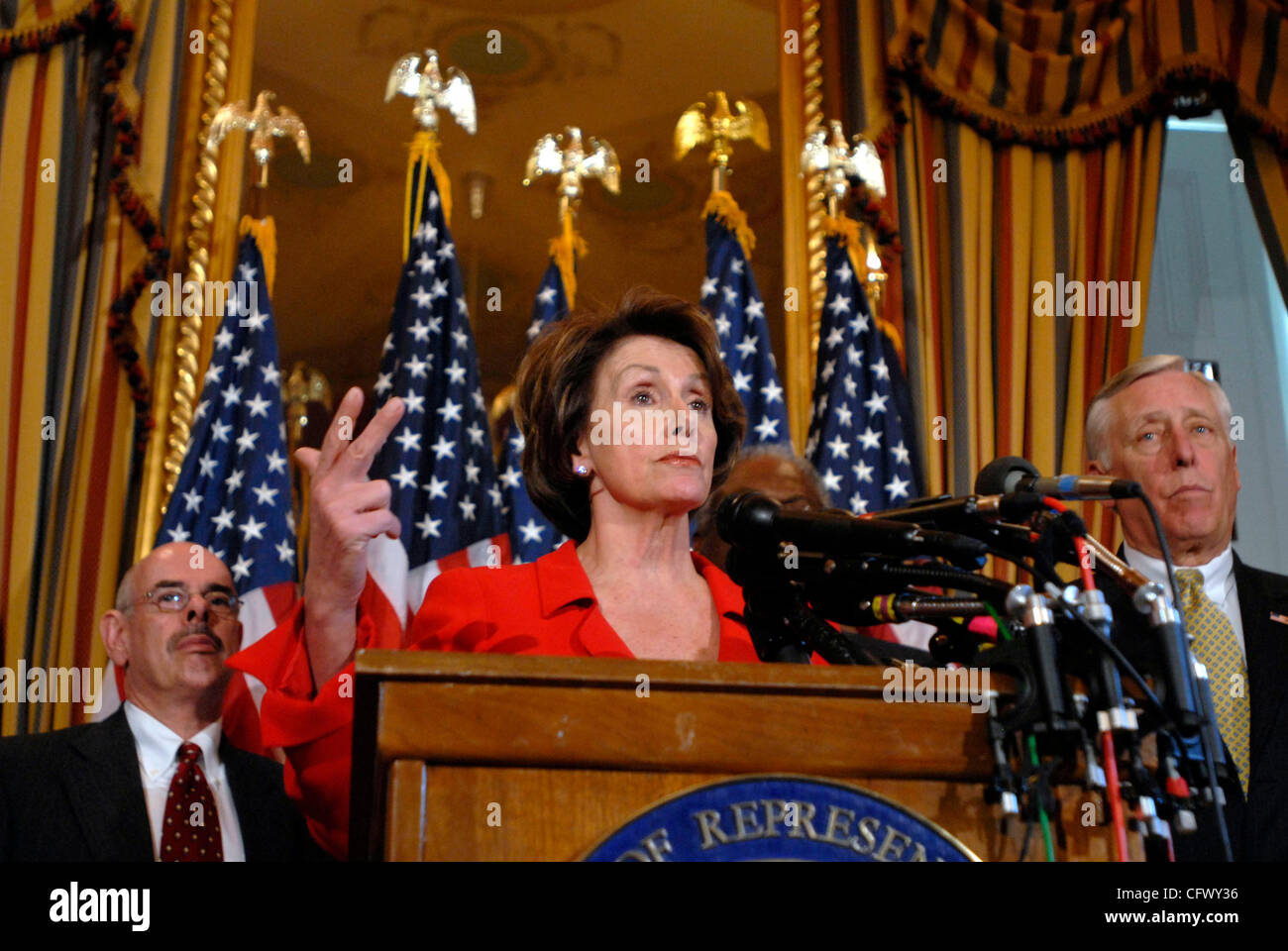 Mar 13, 2007 - Washington, DC, USA - Speaker of the House NANCY PELOSI (D-CA) speaks with reporters about new and upcoming 'accountability legislation,' which House Democrats tout as exercising Congress' check on the expansion of the Executive branch of government. Pelosi appeared with HENRY WAXMAN  Stock Photo