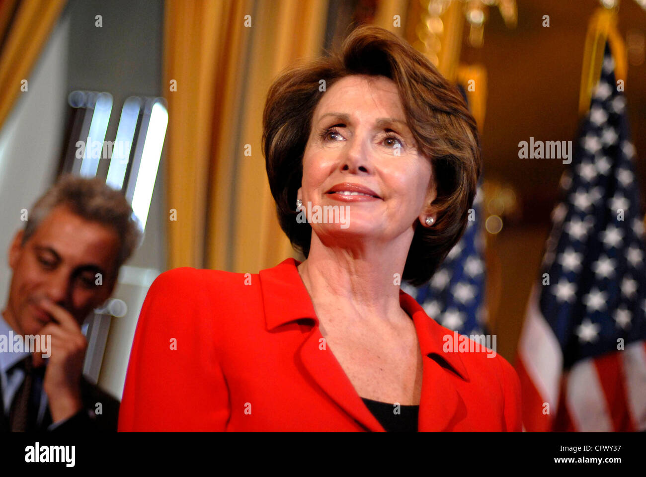 Mar 13, 2007 - Washington, DC, USA - Speaker of the House NANCY PELOSI (D-CA) and the Democratic House leadership team, including RAHM EMANUEL (D-IL), behind Pelosi, meets with reporters to discuss new and upcoming 'accountability legislation,' which House Democrats tout as exercising Congress' chec Stock Photo