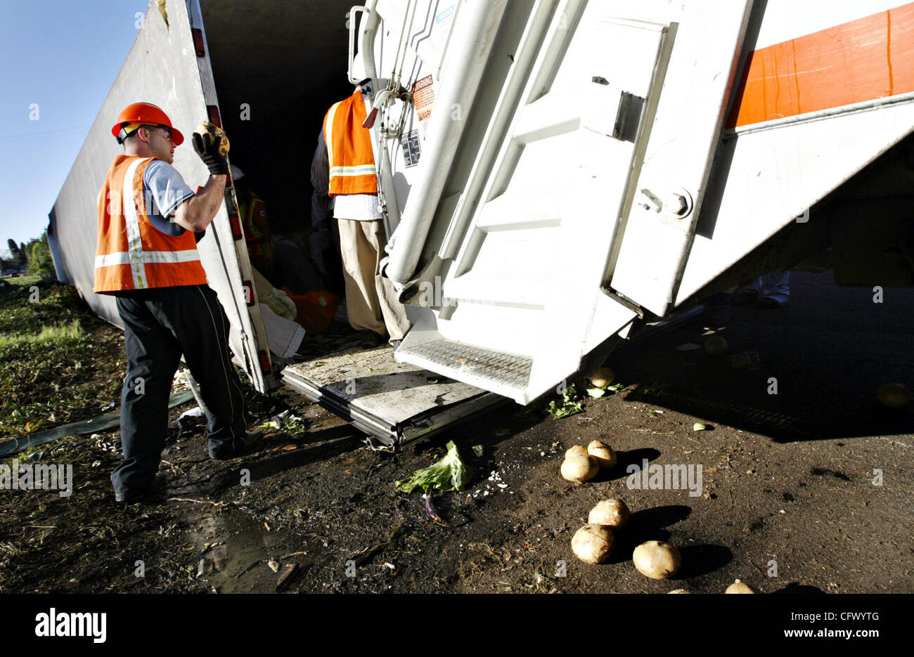 A Caltrans worker who did not wish to be identified tosses turnips into a garbage truck at the site of a big-rig rollover on the Interstate 880 southbound exit ramp to Interstate 92 on Wednesday, Mar. 14, 2007, in Hayward, Calif. The truck, which blocked the ramp for almost eight hours, had to be un Stock Photo