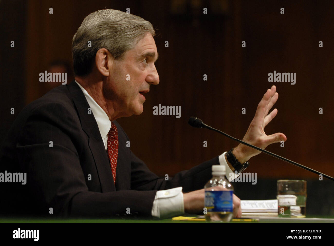 Mar 27, 2007 - Washington, DC, USA - ROBERT MUELLER, director of the FBI testifies before the Senate Judiciary committee during an oversight hearing. Many members of the committee peppered Mueller with questions regarding the recently reported misuses of the USA Patriot Act and the firings of US Att Stock Photo