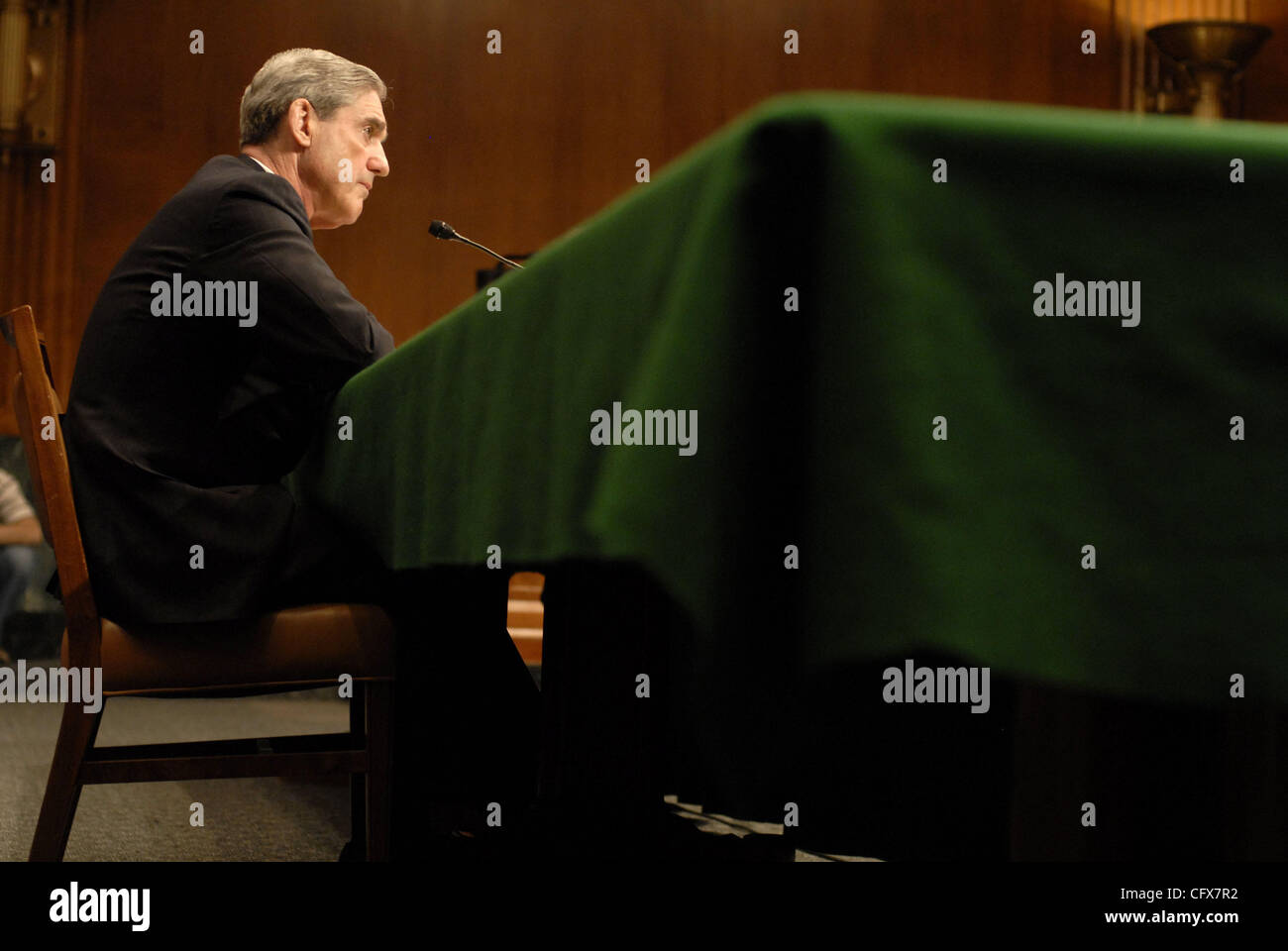 Mar 27, 2007 - Washington, DC, USA - ROBERT MUELLER, director of the FBI testifies before the Senate Judiciary committee during an oversight hearing. Many members of the committee peppered Mueller with questions regarding the recently reported misuses of the USA Patriot Act and the firings of US Att Stock Photo