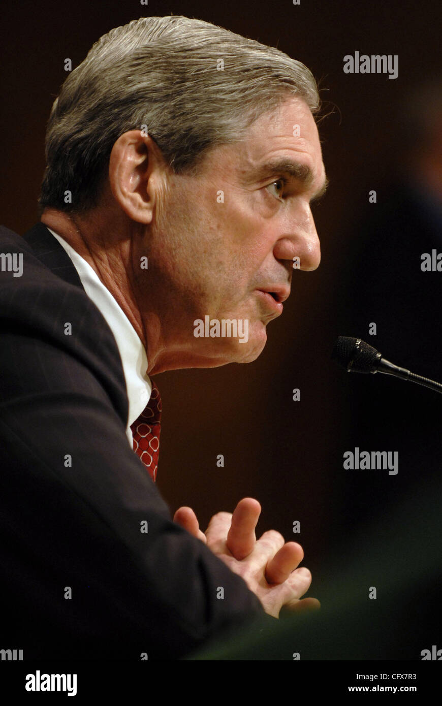 Mar 27, 2007 - Washington, DC, USA - ROBERT MUELLER, director of the FBI testifies before the Senate Judiciary committee during an oversight hearing. Many members of the committee peppered Mueller with questions regarding the recently reported misuses of the USA Patriot Act and the firings of US Att Stock Photo