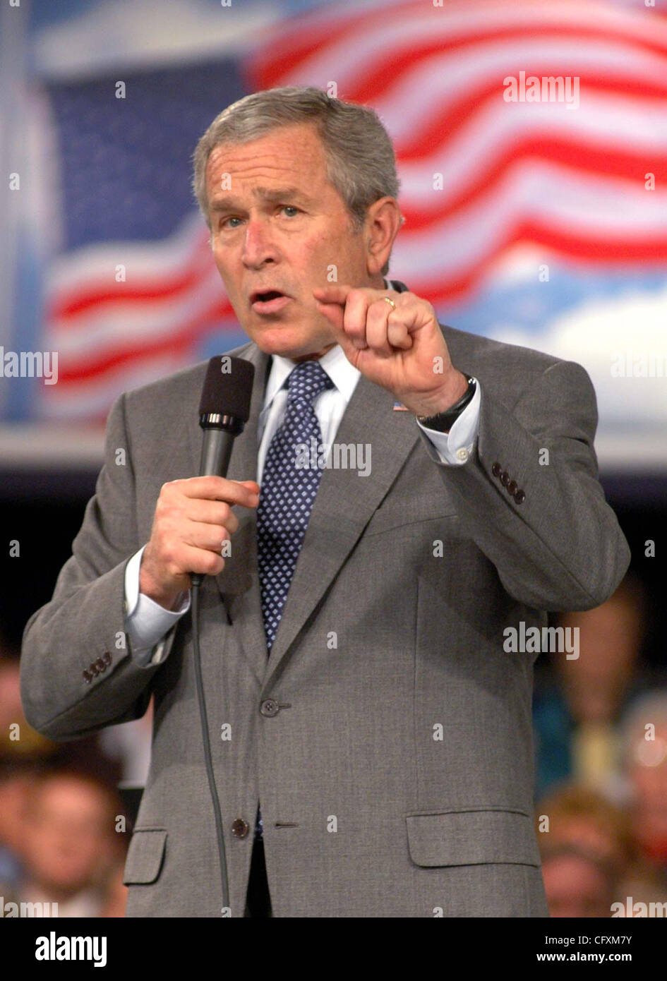 Apr 19, 2007 - Tipp City, OH, USA - President GEORGE W BUSH talks about the difficulty he had in deciding on going to war in Iraq.  Bush spoke before a small crowd of about 450 at Tippecanoe High Scool in Tipp City, Ohio. (Credit Image: © Michael Williams/ZUMA Press) Stock Photo