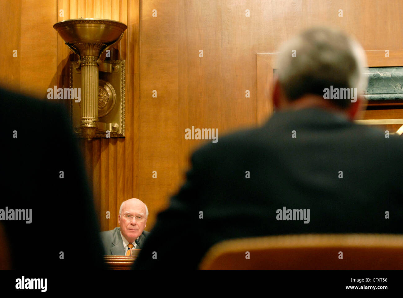 Apr 26, 2007 - Washington, DC, USA - Senator PATRICK LEAHY (D-VT) questions FBI Director ROBERT MUELLER before a Senate Appropriations Committee hearing to answer questions regarding the FBI's $6 billion budget request. Mueller faced tough questions from Senators of both parties regarding the misuse Stock Photo