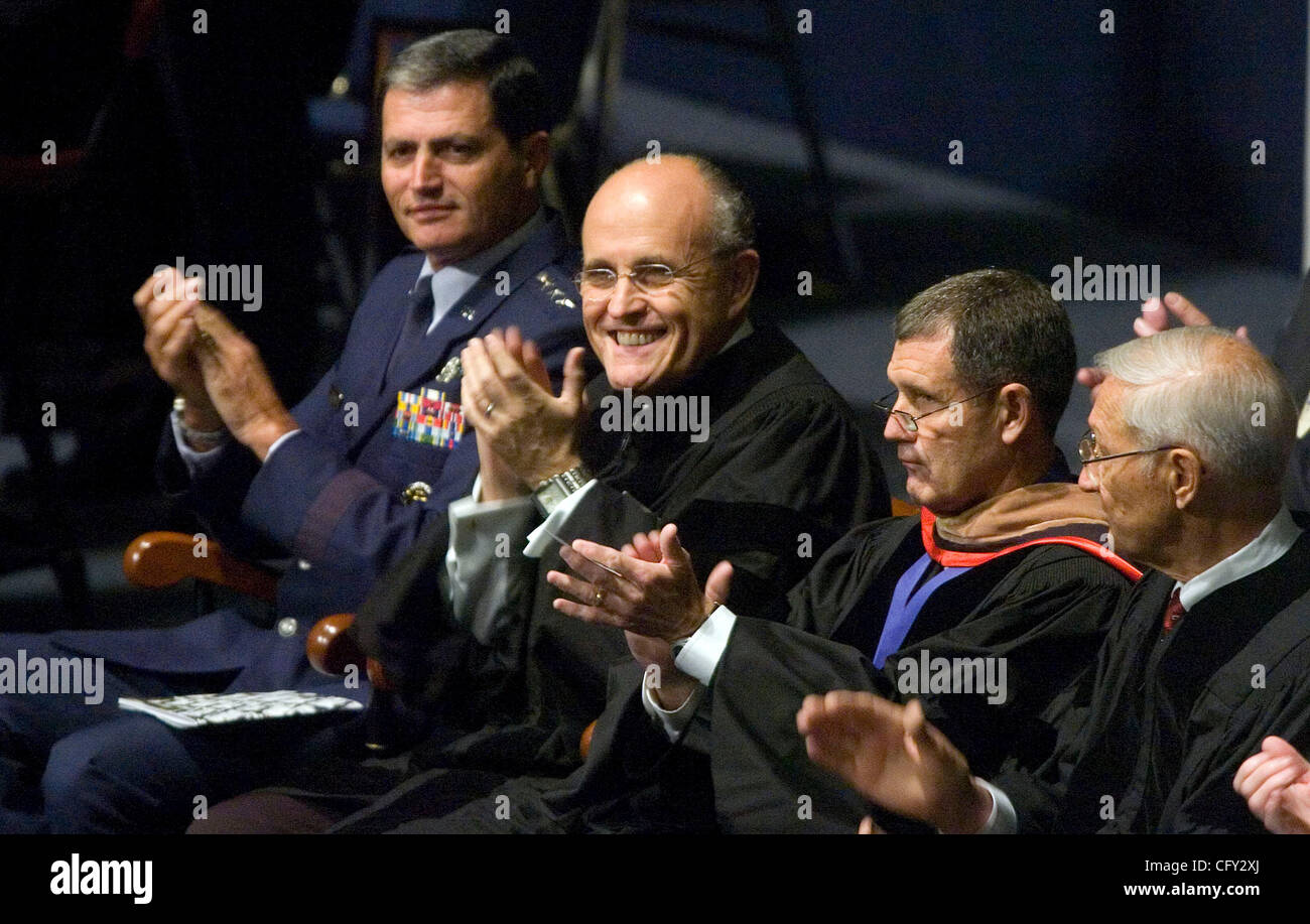 CHARLESTON, SC - MAY 5:  From left to right, The Citadel president Lt. Gen. John Rosa, former New York City Mayor Rudolph Giuliani, Provost Brig. Gen. Harry Carter and Emmett Davis attend The Citadel commencement ceremony in Charleston, South Carolina on Saturday, May 5, 2007. (Photo by Erik S. Less Stock Photo
