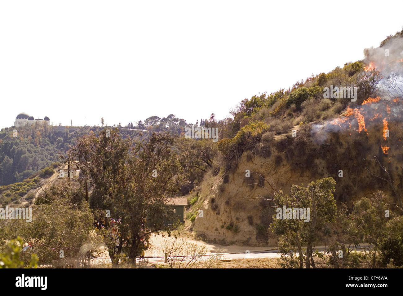 The Griffith Observatory is threatened by a brush fire burning out of control in Griffith Park, Los Angeles. Authorities said the fire has scorched 600 acres of trees and brush in Los Angeles' sprawling Griffith Park Tuesday. No homes were immediately threatened, but evacuations were put into effect Stock Photo