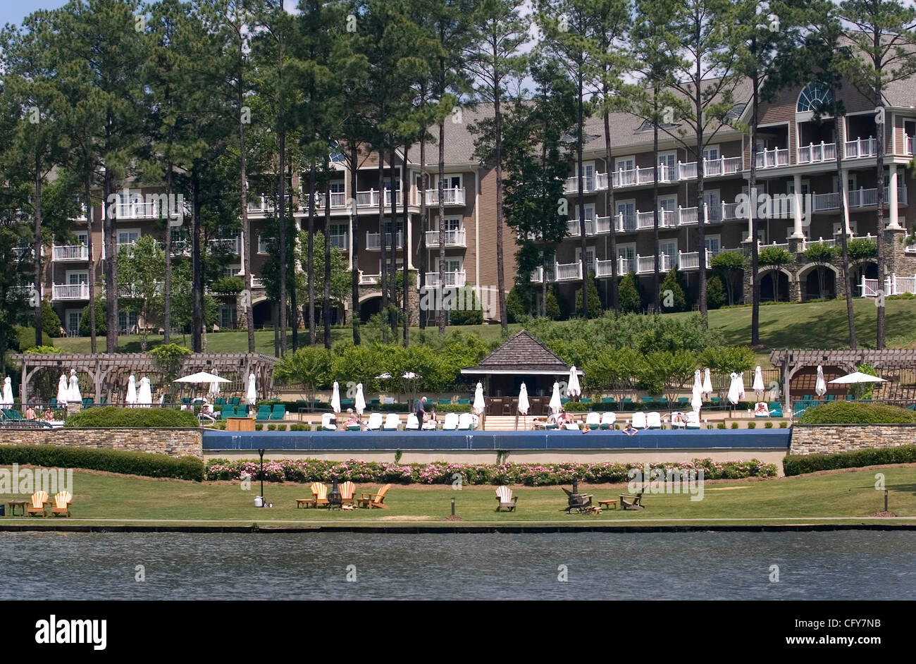 GREENSBORO, GA - MAY 10: A lake view of The Ritz Carlton hotel resort