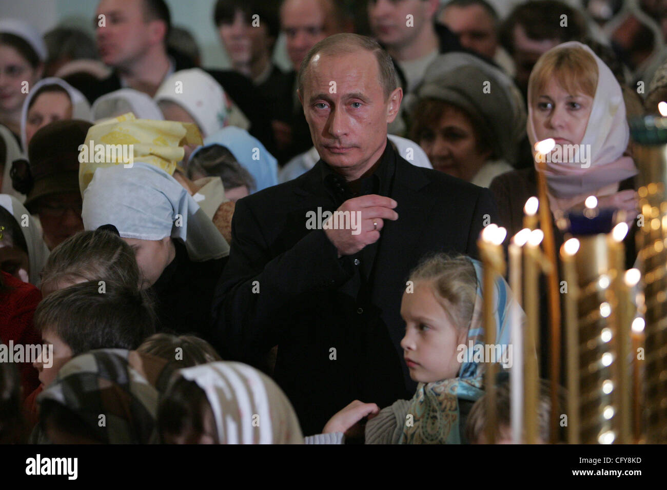 Vladimir Putin at the Orthodox Christmas church service in Novo- Jerusalem(Novoerusalimski) Voskresenski monastery near Moscow. Stock Photo