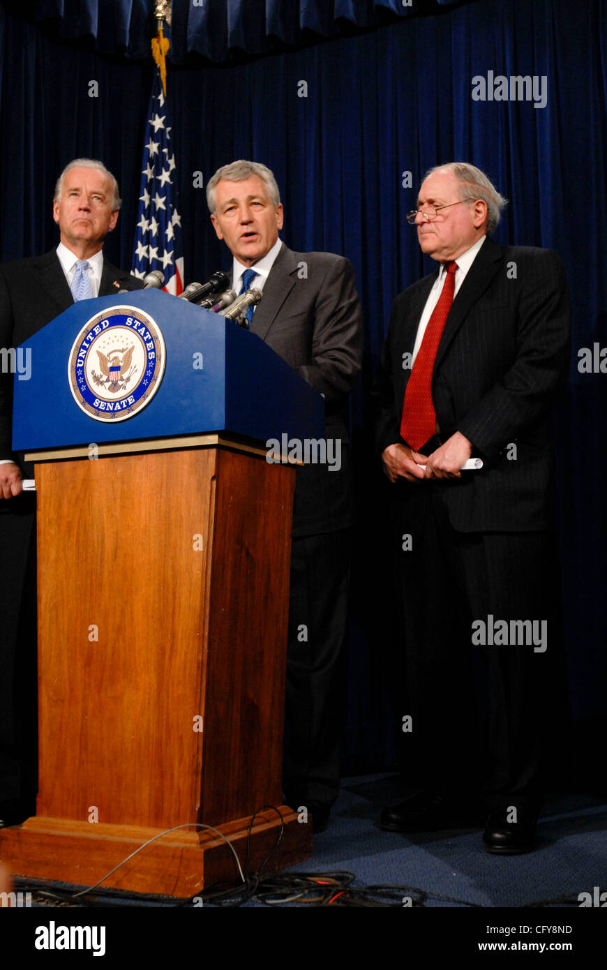 Jan 17, 2007; Washington, DC, USA; Senators CARL LEVIN (D-MI), JOESPH BIDEN (D-DE) and CHUCK HAGEL (R-NE) announce a resolution stating opposition to President George W. Bush's escalation of US troops in the Iraq War. The resolution was co-authored by all three Senators.  Mandatory Credit: Photo by  Stock Photo
