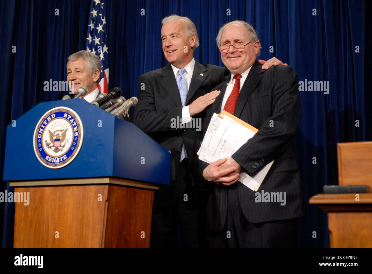 Jan 17, 2007; Washington, DC, USA; Senators CARL LEVIN (D-MI), JOESPH BIDEN (D-DE) and CHUCK HAGEL (R-NE) announce a resolution stating opposition to President George W. Bush's escalation of US troops in the Iraq War. The resolution was co-authored by all three Senators.  Mandatory Credit: Photo by  Stock Photo
