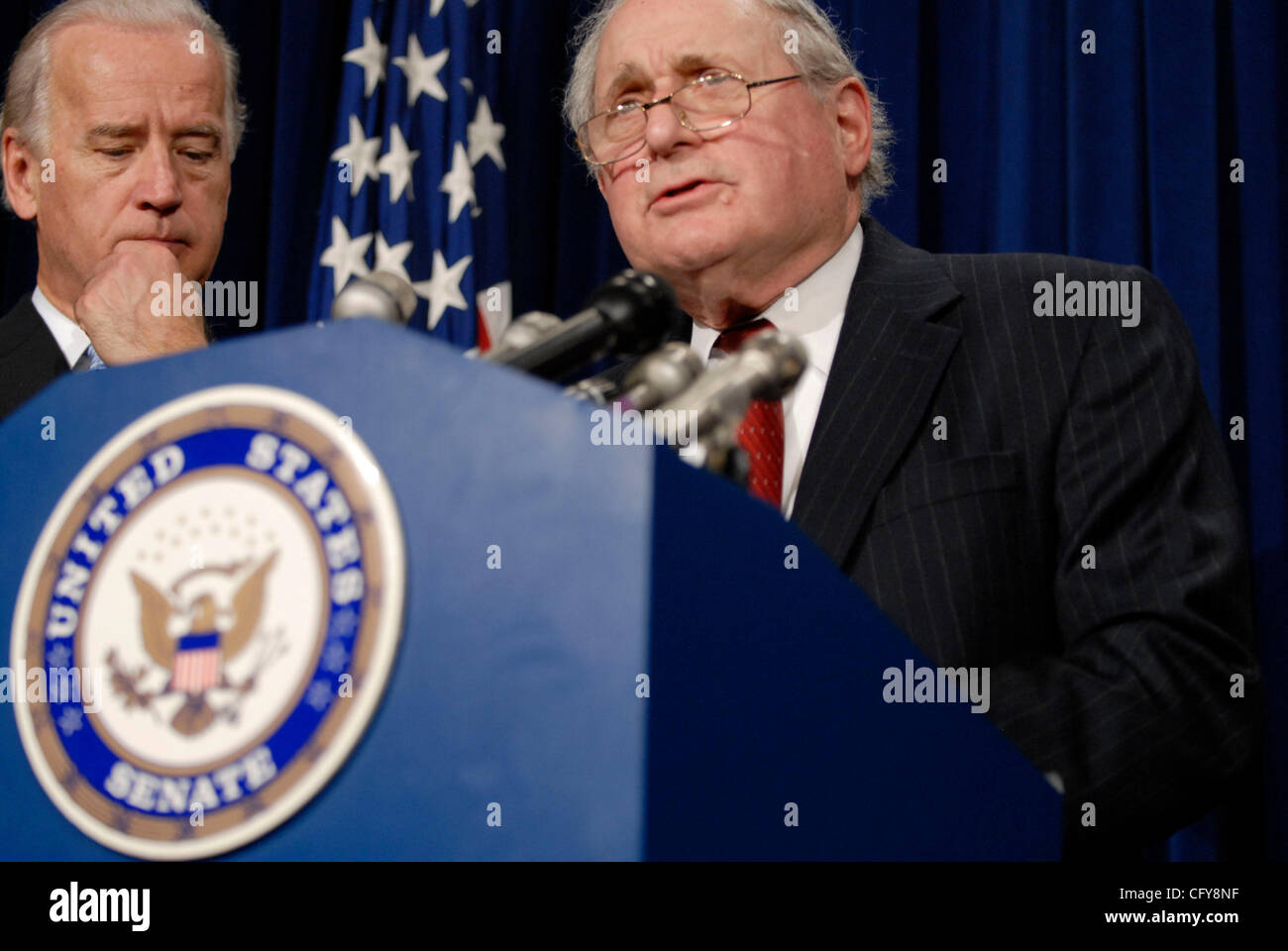 Jan 17, 2007; Washington, DC, USA; Senator CARL LEVIN (D-MI) announces a bipartisan, non-binding resolution stating opposition to President George W. Bush's escalation of US troops in the Iraq War. The resolution was co-authored with Joesph Biden (D-DE), Chuck Hagel (R-NE), who joined Levin for the  Stock Photo