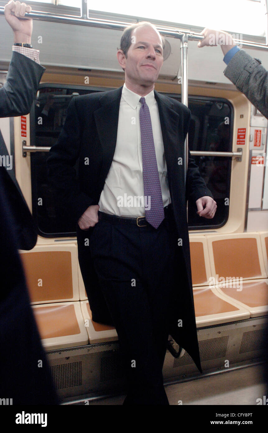 New york state governor eliot spitzer rides a nj path train from 33rd