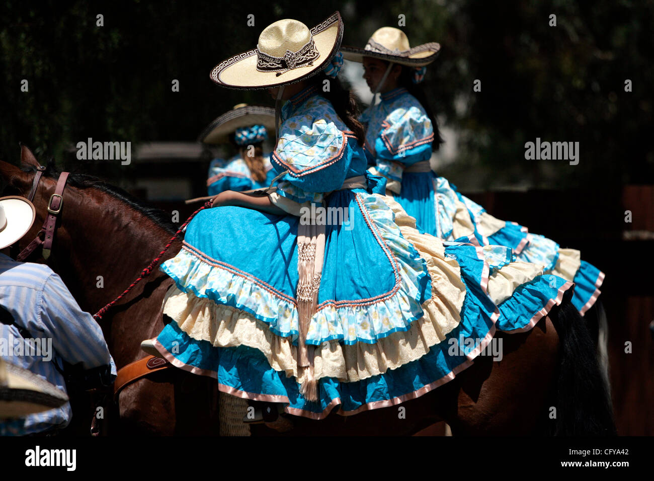 May 5, 2007, San Diego, California, USA The Escaramuzas Golondrinas, a  female equestrian group that follows the Mexican cowboy traditions, worked  out their horses at the Seeley Stables in Old Town prior