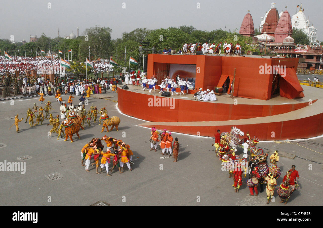 Indian performers take part in a ceremony marking India's 'first war of independence' at the Mughal-built Red Fort in New Delhi, 11 May 2007.The historic events that led to the 1857 uprising against British rule were re-enacted at the majestic Red Fort to commemorate 150 years of the first war of in Stock Photo