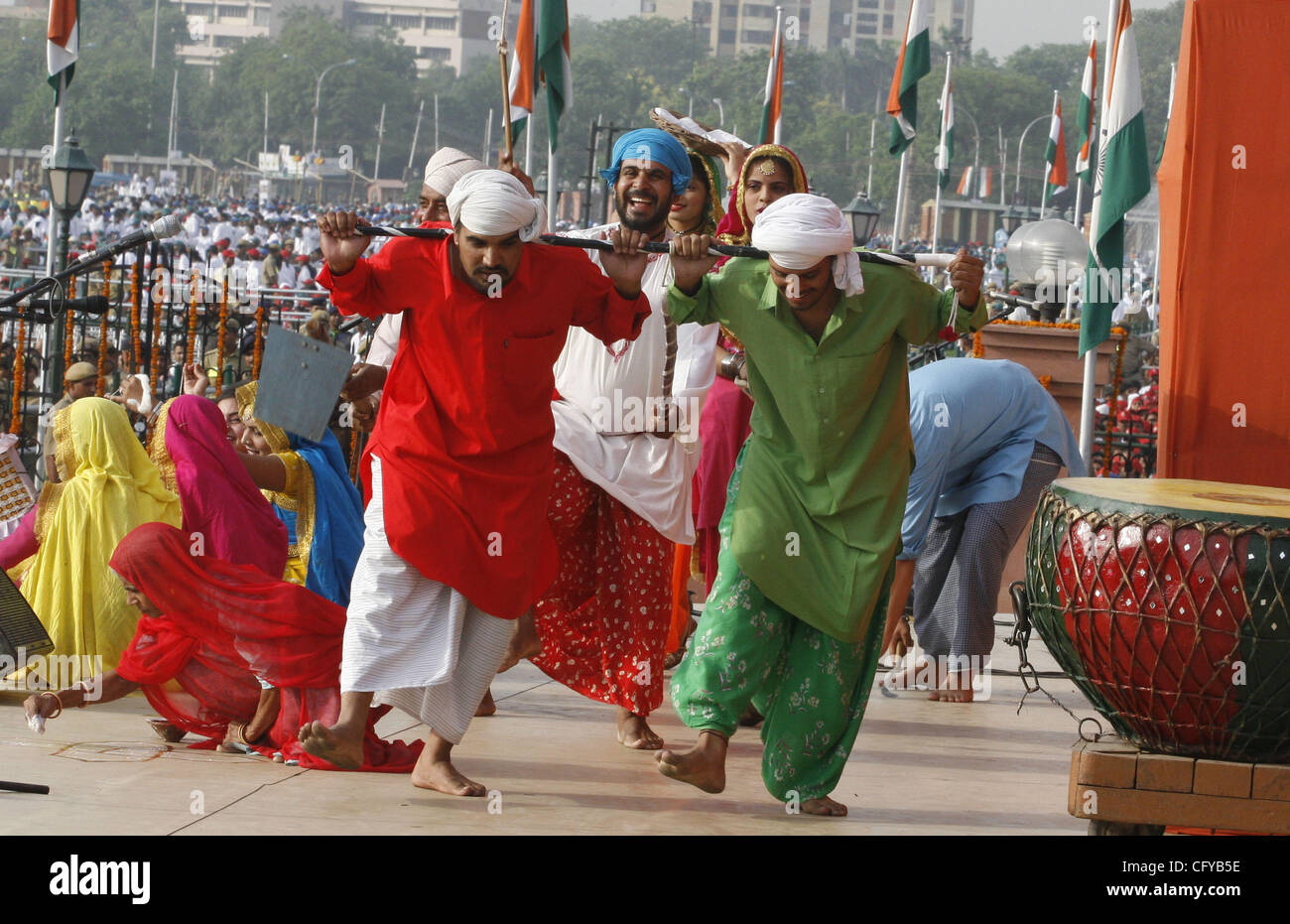 Indian performers take part in a ceremony marking India's 'first war of independence' at the Mughal-built Red Fort in New Delhi, 11 May 2007.The historic events that led to the 1857 uprising against British rule were re-enacted at the majestic Red Fort to commemorate 150 years of the first war of in Stock Photo