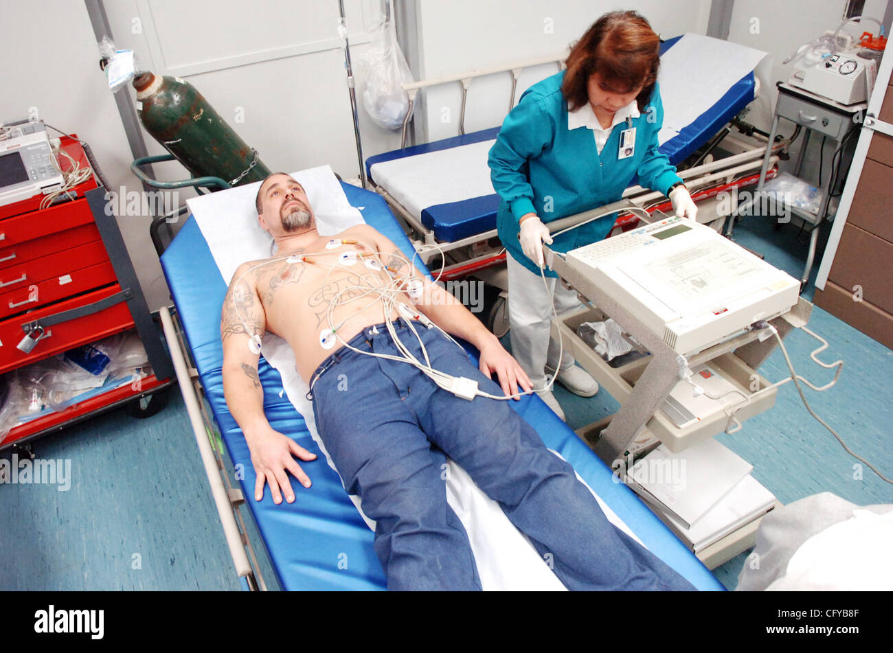 Registered Nurse Elvira Gutierrez helps inmate Thomas Drippon,49, of  Sacramento at the Clinic Services building at Solano Prison in Vacaville,  CA on Wednesday February 21, 2007.(Sean Connelley/The Oakland Tribune Stock  Photo -