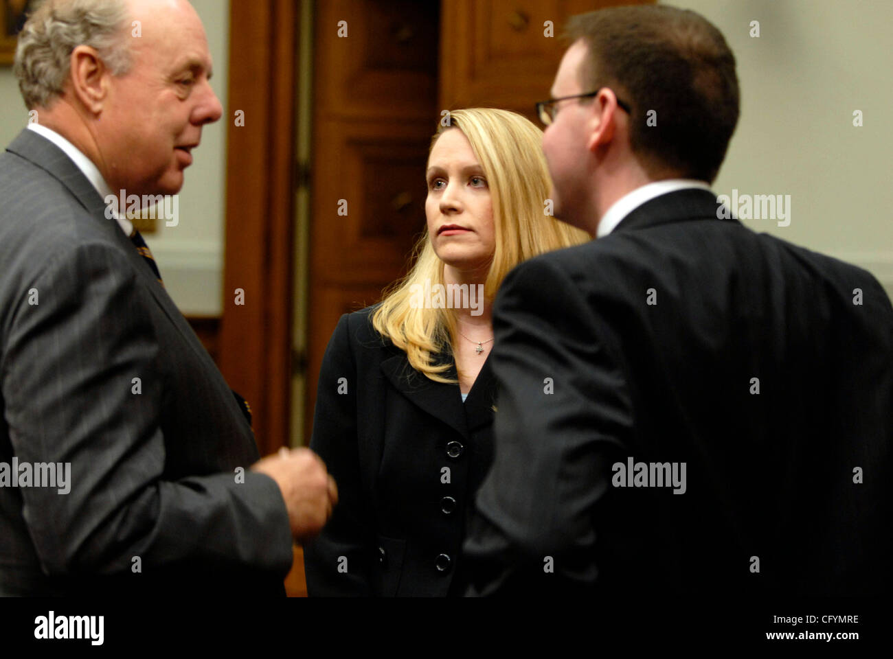 May 23, 2007 - Washington, DC, USA - Former Justice Department liaison to the White House, MONICA GOODLING, meets with her lawyer, JOHN DOWD (left) prior to testifying before the House Judiciary committee about her role in the firing of US attorneys in late 2006 and early 2007. Goodling denied taken Stock Photo