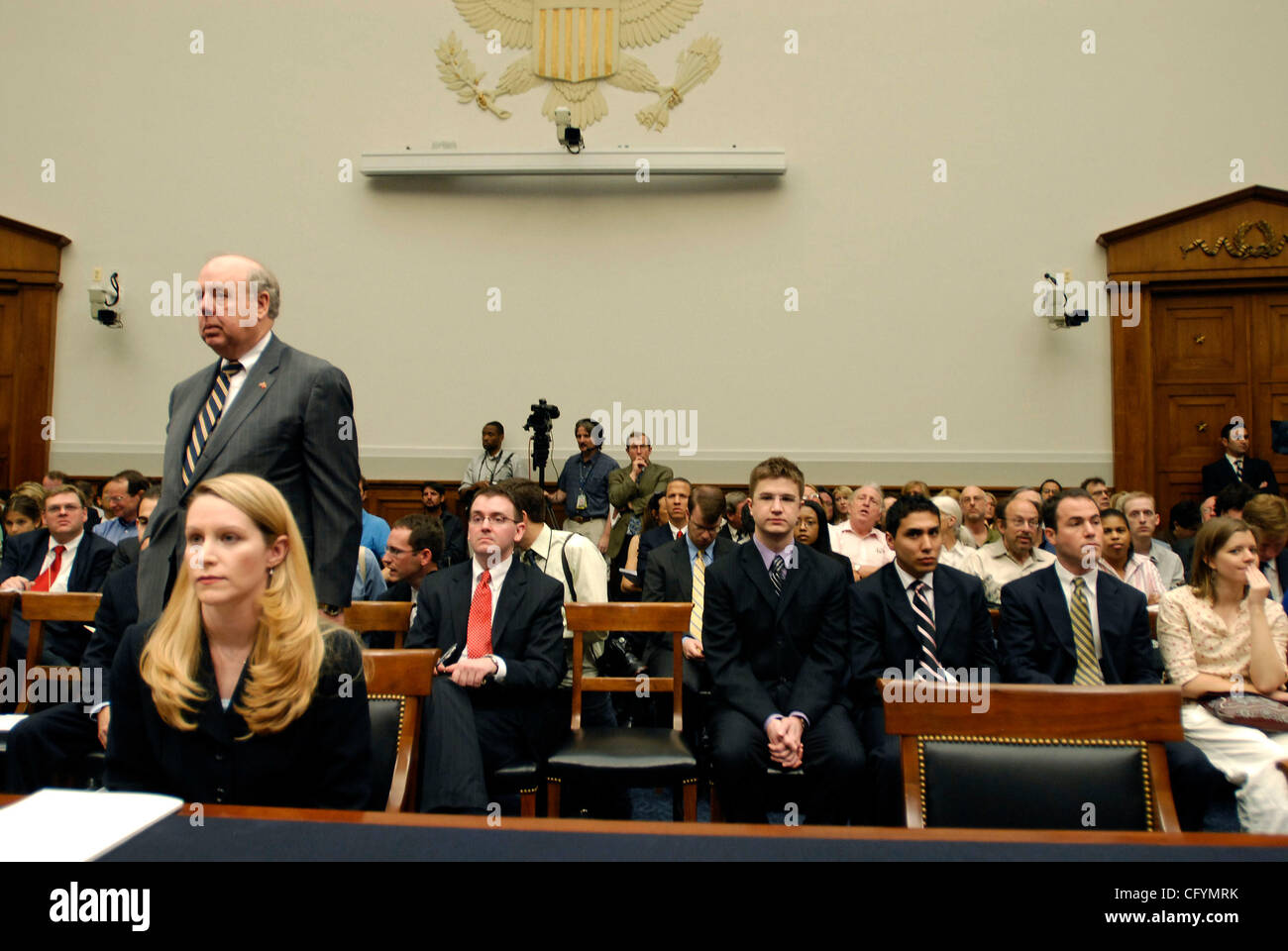 May 23, 2007 - Washington, DC, USA - Former Justice Department liaison to the White House, MONICA GOODLING, and her lawyer, JOHN DOWD wait for a hearing to begin in the House Judiciary committee about Goodling's role in the firing of US attorneys in late 2006 and early 2007. Goodling denied taken a  Stock Photo