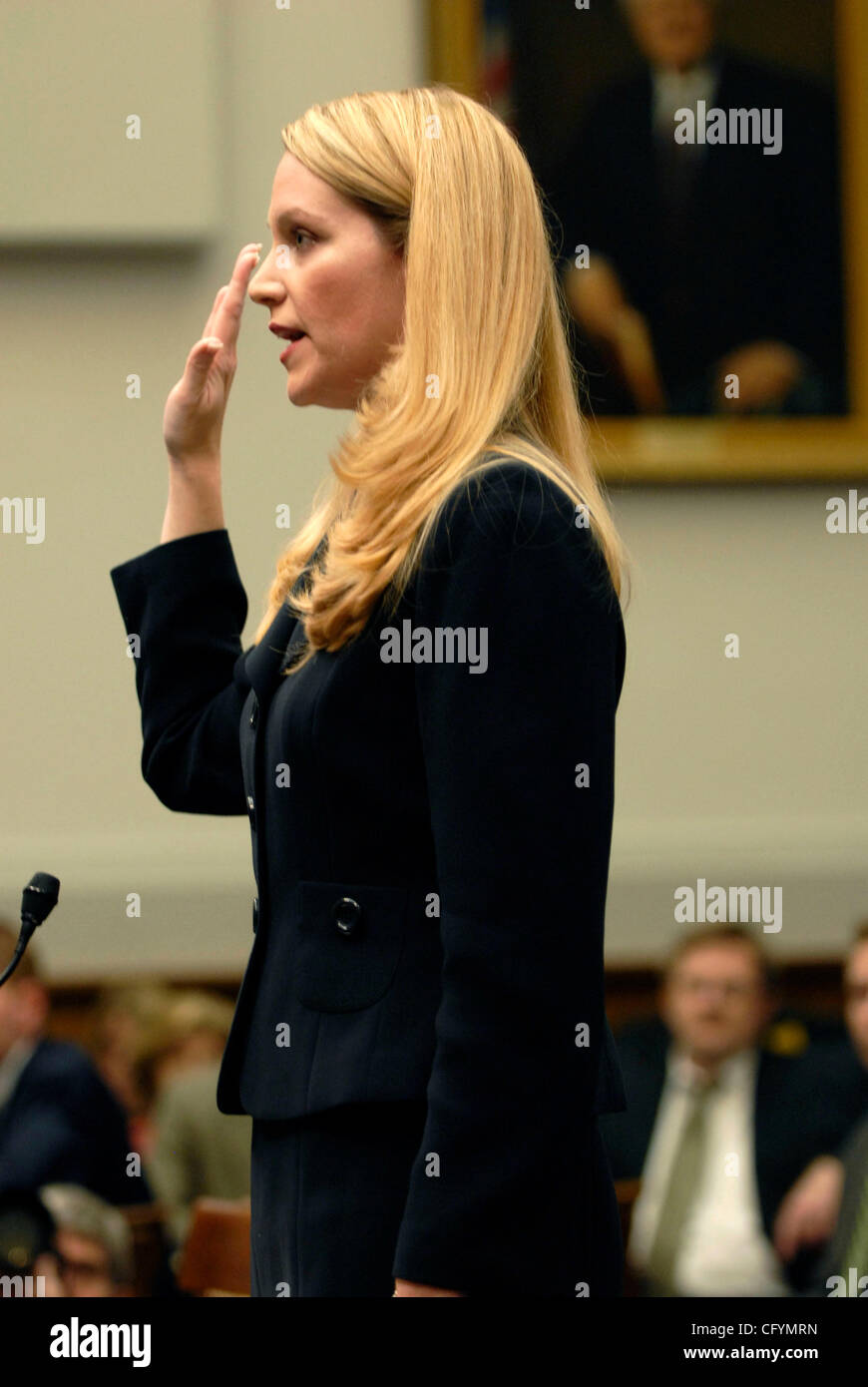 May 23, 2007 - Washington, DC, USA - Former Justice Department liaison to the White House, MONICA GOODLING, is sworn in prior to testifying before the House Judiciary committee about her role in the firing of US attorneys in late 2006 and early 2007. Goodling denied taken a major part in the scandal Stock Photo