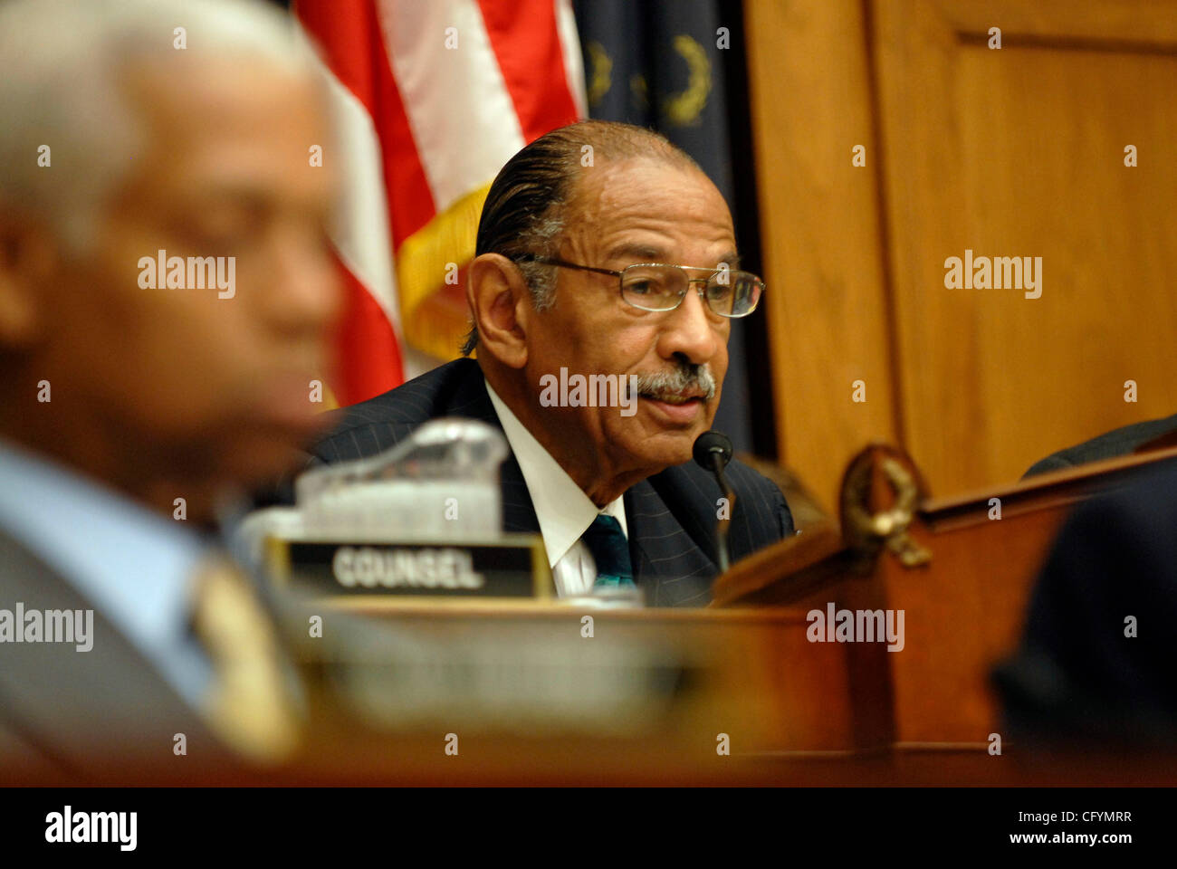 May 23, 2007 - Washington, DC, USA - House Judiciary committee chairman JOHN CONYERS (D-MI) questions Monica Goodling about her role in the firing of US attorneys in late 2006 and early 2007. Goodling denied taken a major part in the scandal.   (Credit Image: © Mark Murrmann/ZUMA Press) Stock Photo