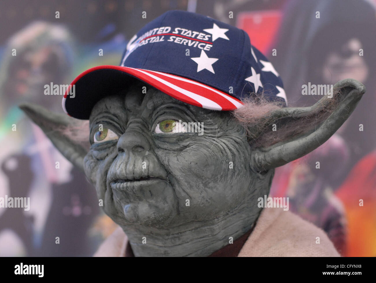 Yoda, along with Darth Vader, and Jabba the Hutt are just a few of the Star Wars personalities spotted at the Concord Main Post Office as they unveil its Star Wars stamps on Friday, May 25, 2007 in Concord, California. (Susan Tripp Pollard/Contra Costa Times) Stock Photo