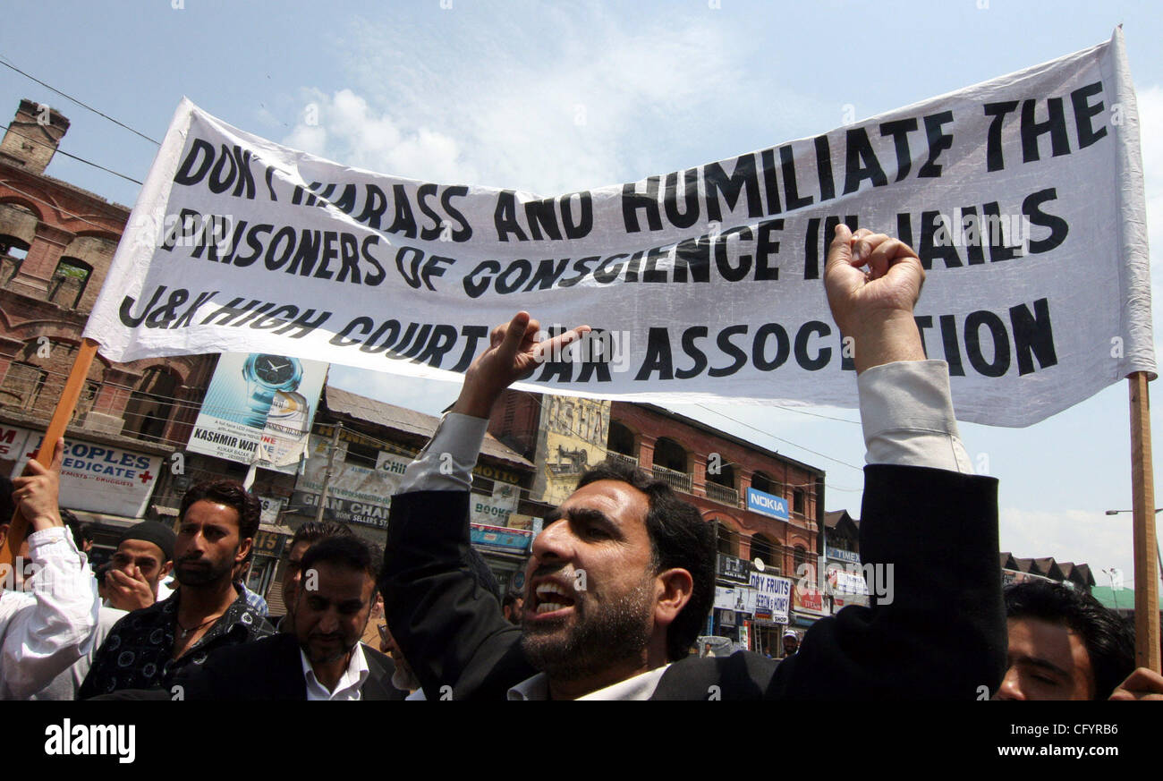 Members of Jammu and Kashmir Bar Association shout slogans during a protest demonstration in