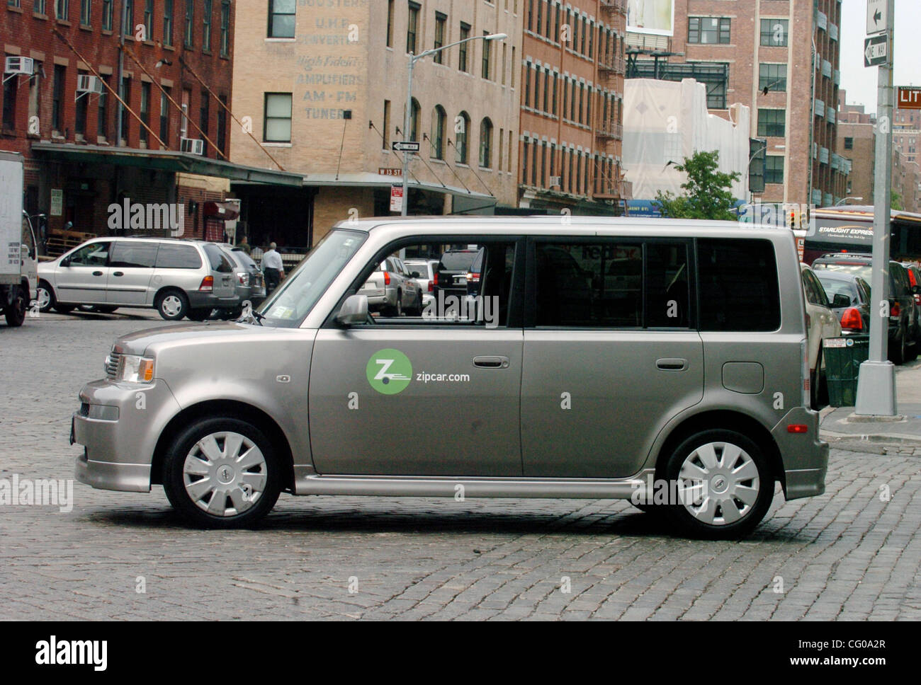 A Toyota Scion, available through Zipcar. Zipcar provides cars parked off-street throughout U.S. and Canadian cities available for use by members for any length of time on a timeshare basis. Stock Photo