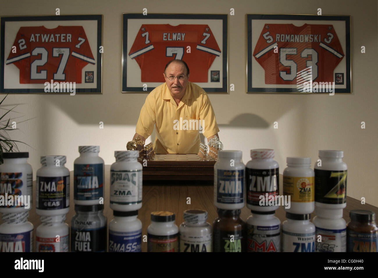 Jun 29, 2007 - Bulingame, California, USA - BALCO founder VICTOR CONTE in an office of his new company. His current line of performance enhancing supplements are featured in the foreground and signed athletic jerseys hang behind. (Credit Image: © Martin Klimek/ZUMA Press) Stock Photo