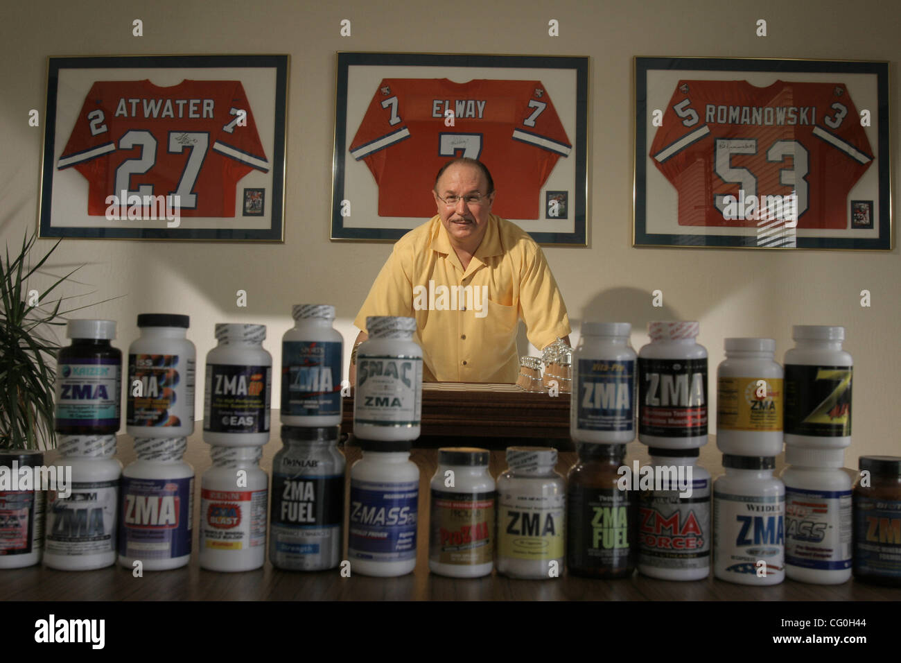 Jun 29, 2007 - Bulingame, California, USA - BALCO founder VICTOR CONTE in an office of his new company. His current line of performance enhancing supplements are featured in the foreground and signed athletic jerseys hang behind. (Credit Image: © Martin Klimek/ZUMA Press) Stock Photo