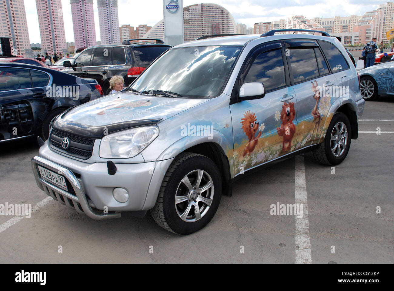 Aerograph-2007 festival in Moscow. Cars painted with unusual images and pictures on it. Stock Photo
