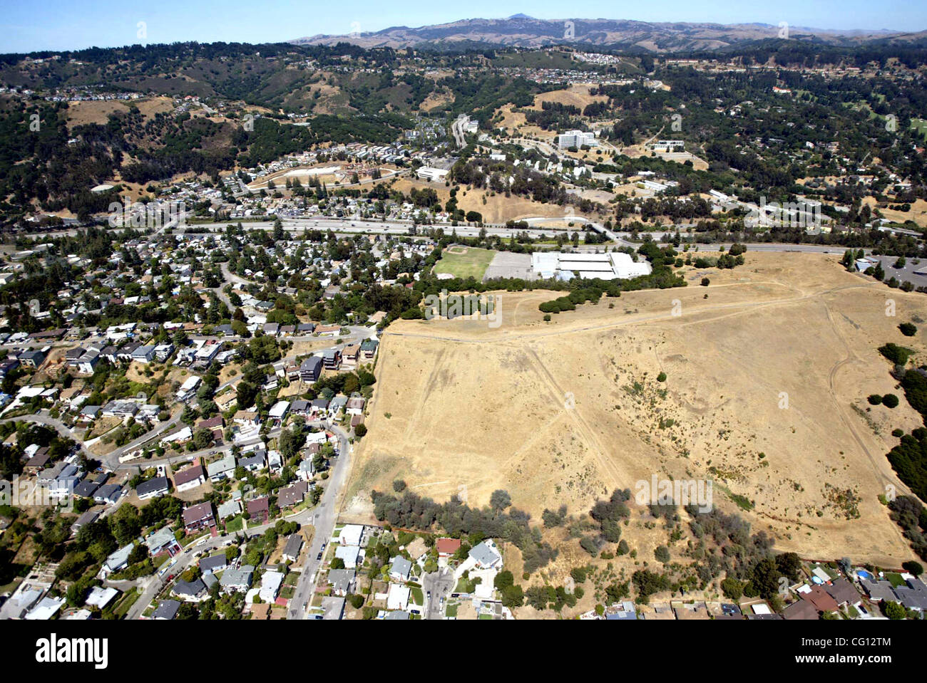 Aerial view of the King Estates Open Space and the East Oakland hills
