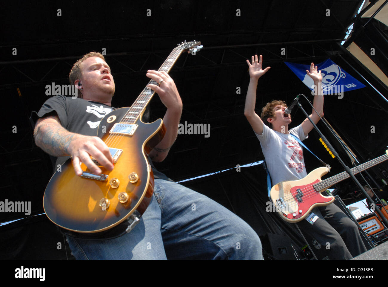 Jul. 23, 2007; Charlotte, NC USA; Guitarist MIKE GOLLA and Singer / Bass Guitarist KENNY VOSOLI of the band The Starting Line performs live as part of the 13th annual Vans Warped Tour that took place at the Verizon Wireless Amphitheater located in Charlotte. Mandatory Credit: Photo by Jason Moore (© Stock Photo