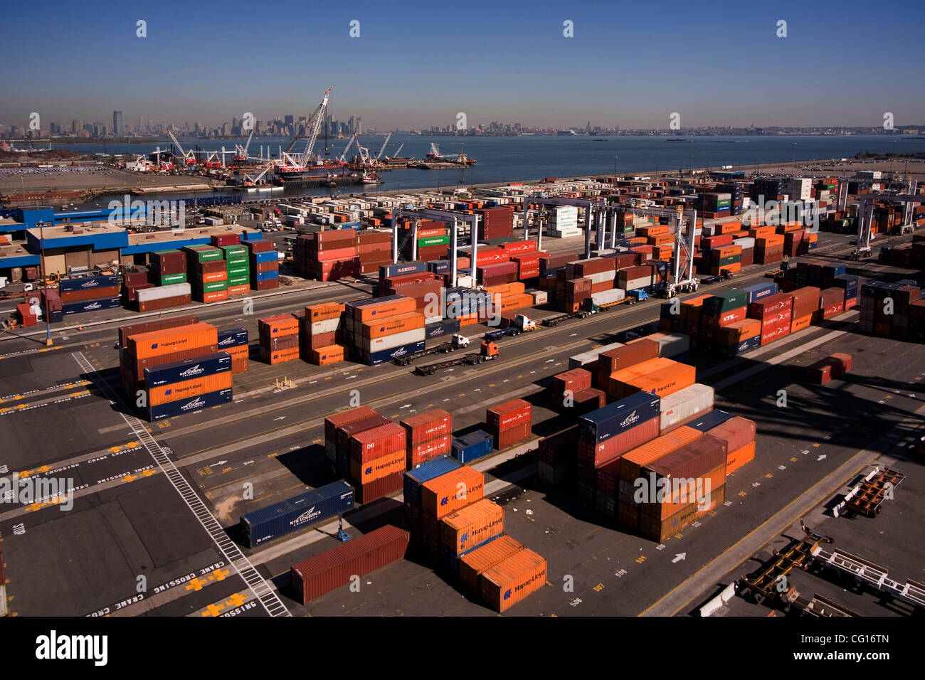 Thousands of maritime cargo containers are stacked for storage at a