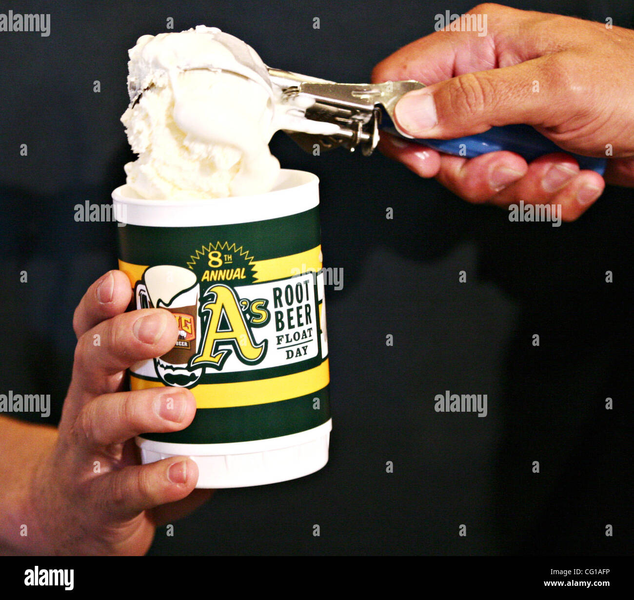 The Oakland A's hold their 8th Annual MUG Root Beer Float Day to benefit the Juvenile Diabetes Research Foundation, at McAfee Coliseum, on Wednesday, August 1, 2007, in Oakland, California. (Anda Chu/The Fremont Argus) Stock Photo