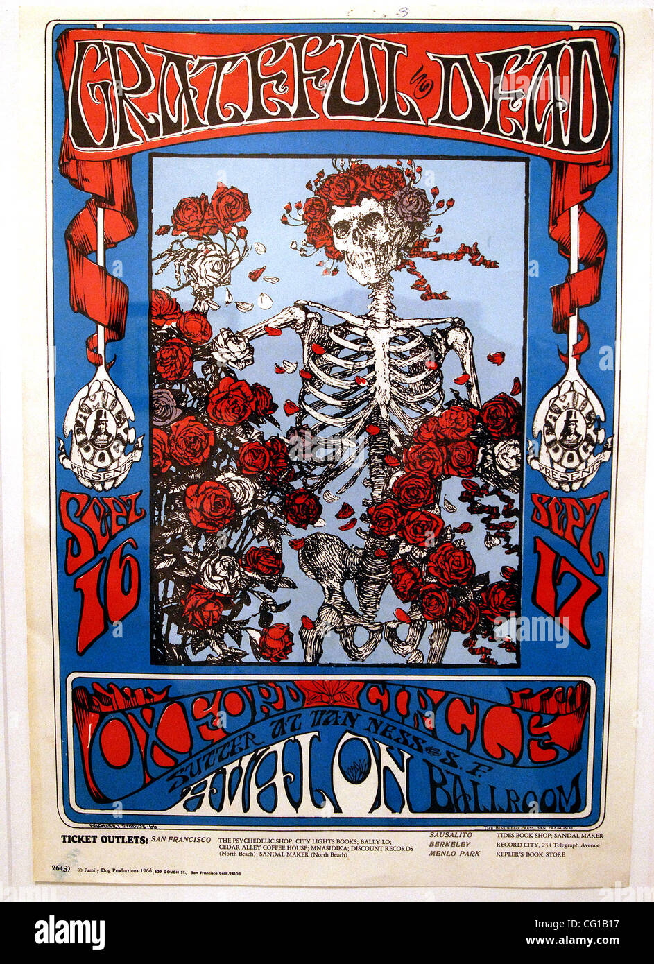 This 13x20 poster art titled 'Grateful Dead-Skeleton in Roses' made by Stanley Mouse in 1966, is on exhibit with other 1960s poster artwork at the Brentwood Education and Technology Center in Brentwood, Calif., on Wednesday, August 1, 2007. Poster Art collector Paul Allman is exhibiting the poster a Stock Photo