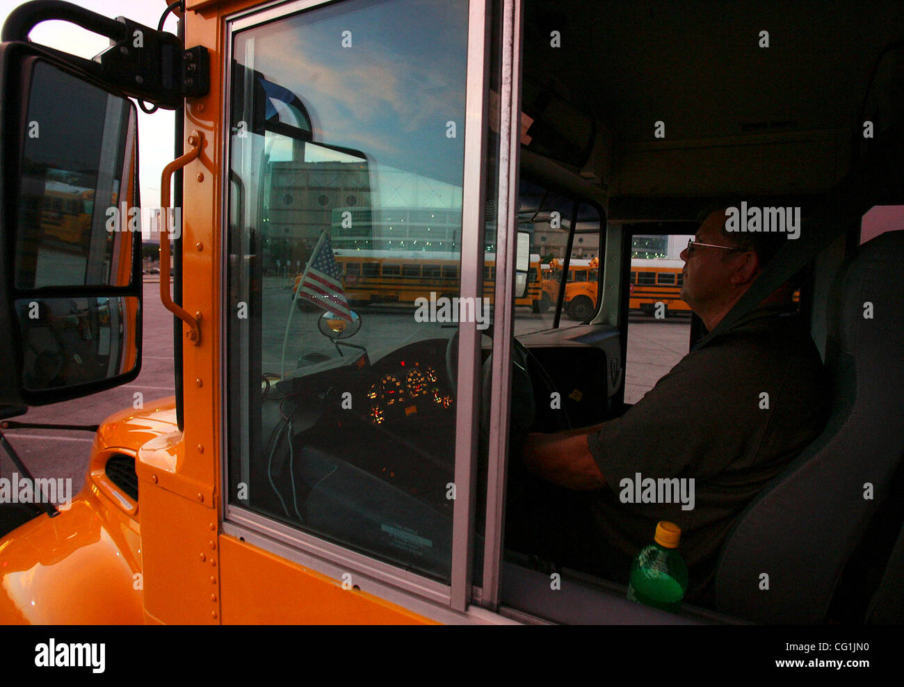 FOR METRO - Dallas County Schools bus driver Charles Frazier takes other drivers to a local hotel Saturday Aug. 18 2007 from the Alamodome. 100 school buses from Dallas County Schools are are part of the emergency plan in prepartion for Hurricane Dean. (PHOTO BY EDWARD A. ORNELAS) Stock Photo