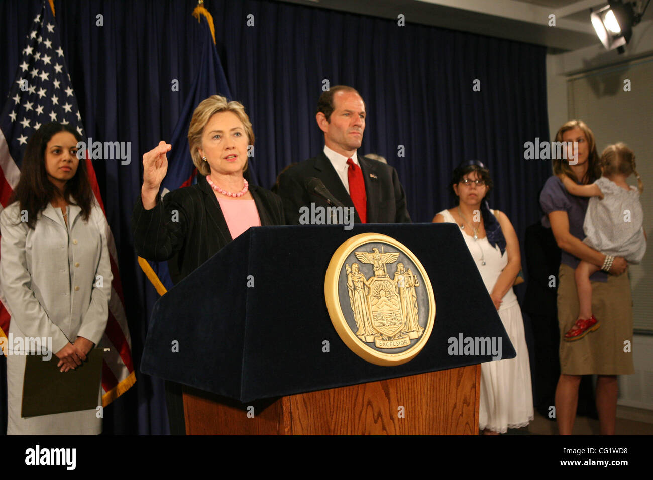 NY Governor Eliot Spitzer is joined by NY Senator Hillary Clinton to call on President Bush to reverse federal policy denying health care coverage to thousands of ininsured children at the Governo's office in Midtown Manhattan Aug. 30, 2007. Photo Credit: Mariela Lombard/ ZUMA Press. Stock Photo